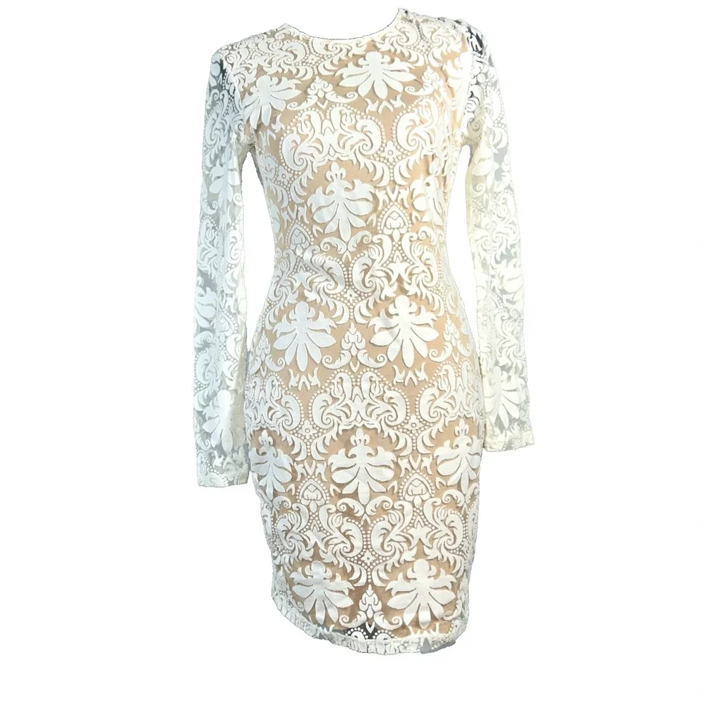 NWT H&M Dress 10‎ Cream Lace Blush Lined Fitted Bodycon Stretch Open Back Sexy